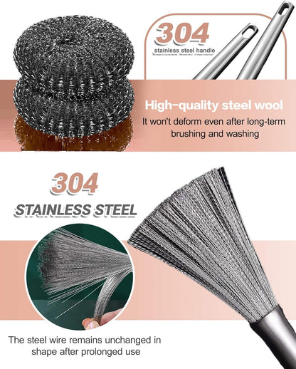 8 Pcs Steel Wool Scrubbers with 2 Pcs Handle,Stainless Steel Scouring Pads for Cast Iron Skillets, Grill & Kitchen Pots - Rust Resistant, Non-Splintering Heavy Duty for Tough Grease