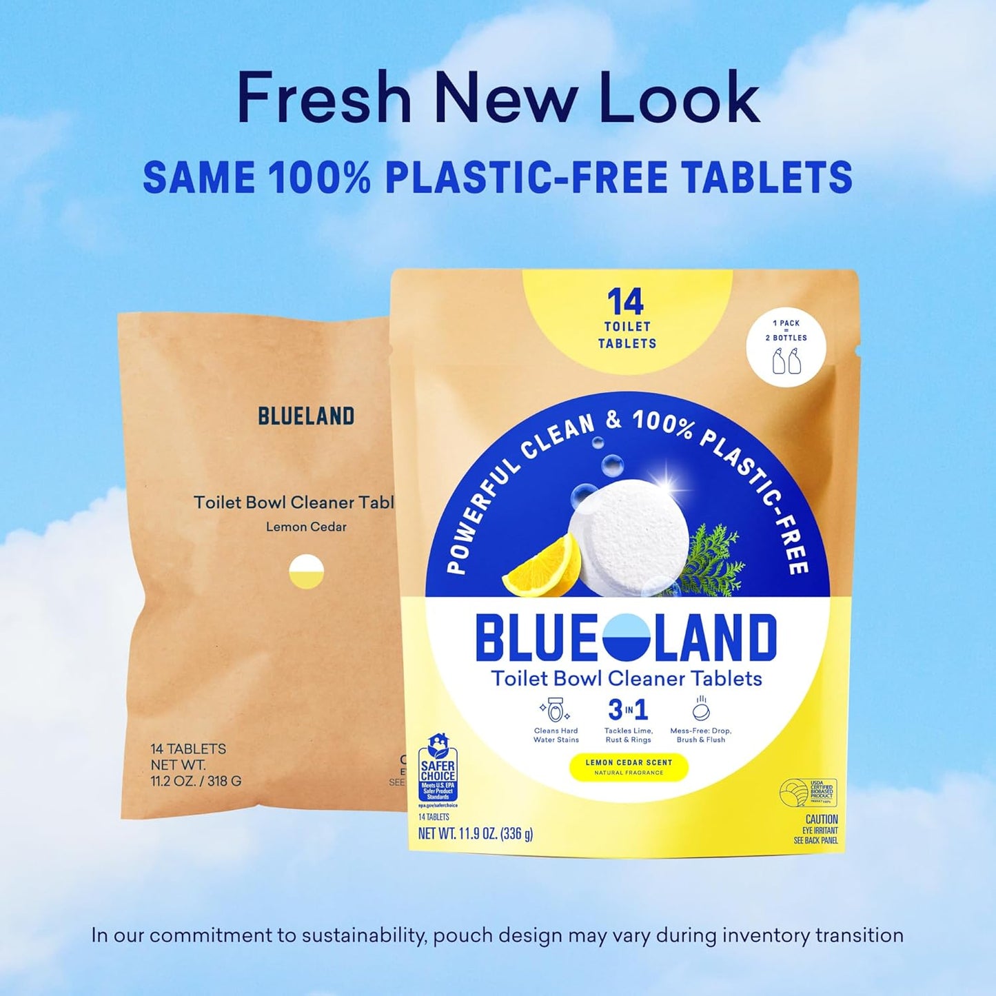 BLUELAND Toilet Bowl Cleaner Tablets, 2-Pack, 28 Count, Lemon Cedar, Plastic-Free, No Harsh Chemicals, Plant-Based