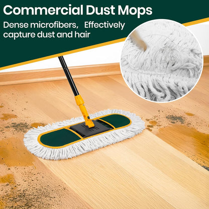 24 Inch Commercial Dust Mop for Floor Cleaning-Heavy Duty Dry & Wet Push Broom with 3 Washable Pads, 57" Handle & 360° Swivel Floor Duster for Hardwood, Laminate, Vinyl Floors & Warehouse