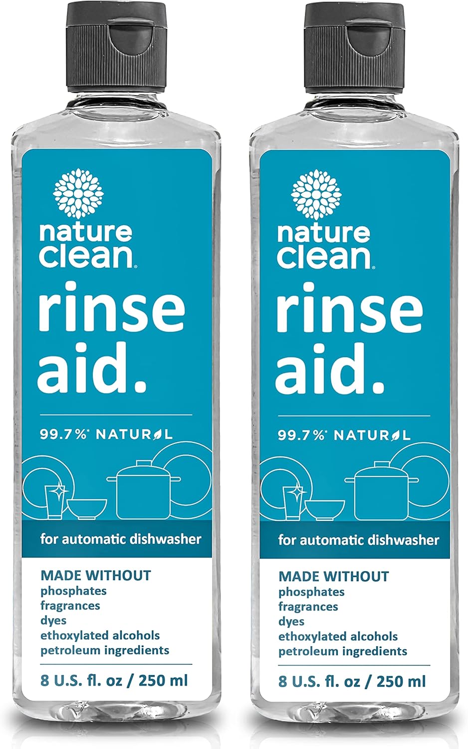 Nature Clean All Natural Dishwasher Rinse Aid Cleaner, Liquid Dishwasher Rinse Agent Spot-Free Glass & Cutlery in Hard Water, Non-Toxic Dish Washer Drying Agent & Stain Remover, 8 oz/250ml, Pack of 1