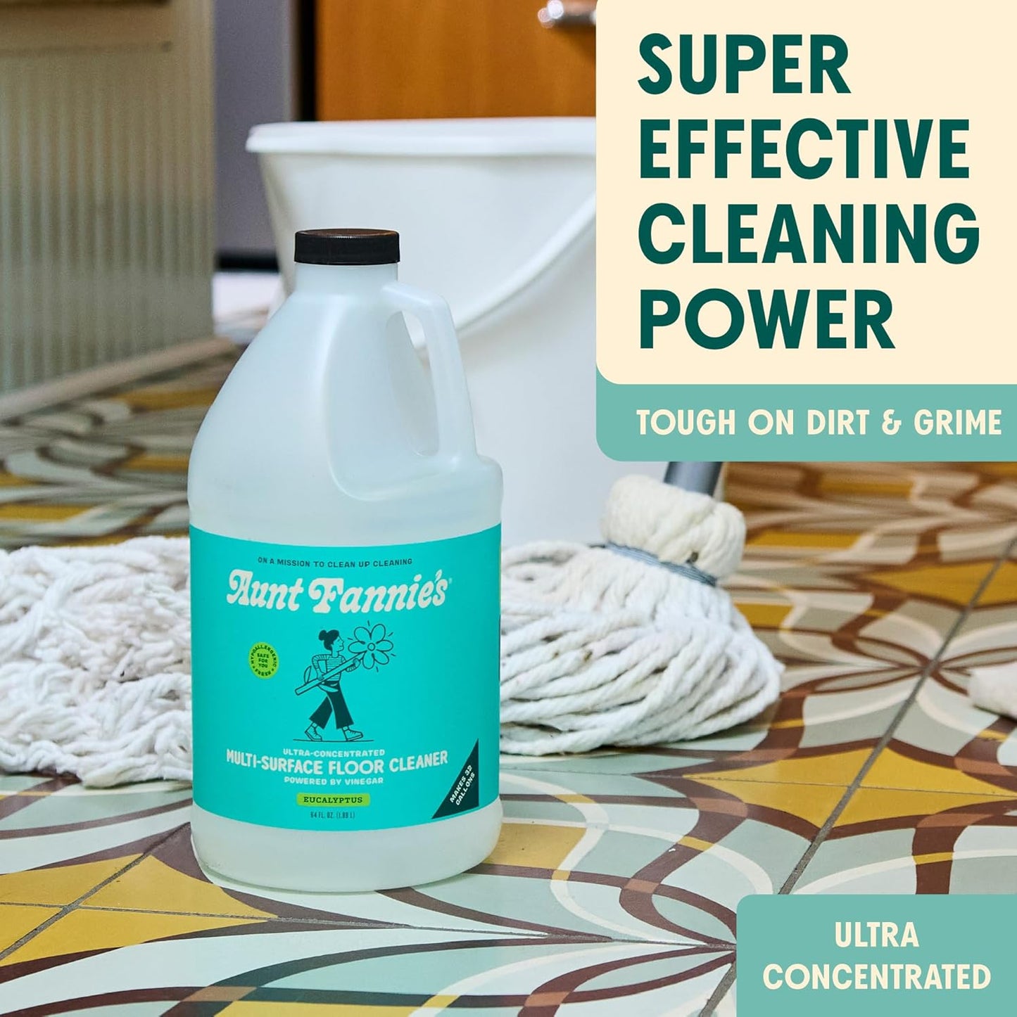 Aunt Fannie's Ultra Concentrated Floor Cleaner Vinegar Wash, Multi-Surface Solution For Mopping, Value Size, Bright Lemon Scent, 64 oz