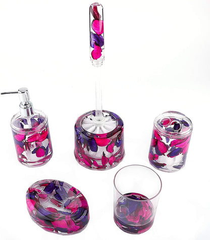 Locco Decor 5 Piece Acrylic Liquid 4D Floating Motion Bathroom Vanity Accessory Set Garden Botanic Green Plants Toothbrush Holder, Tumbler, Soap Dispenser, Soap Dish, Toiletbrush Holder Set