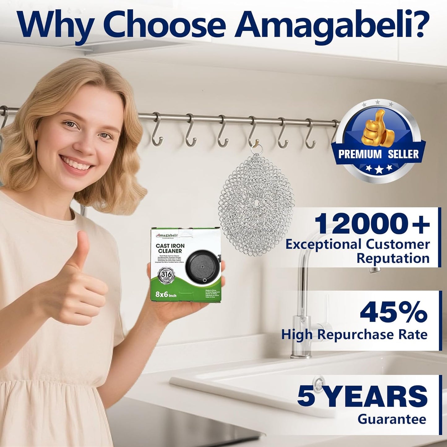Amagabeli Cast Iron Cleaner 8"x6" Premium Stainless Steel Chainmail Scrubber Cast Iron Skillet Cleaner for Pan Pot Wok Griddles BBQ Grills Cast Iron Cleaning