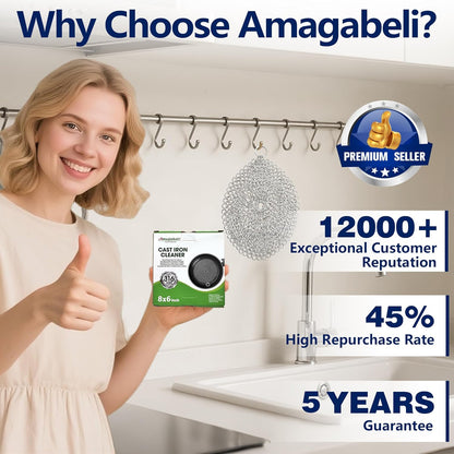 Amagabeli Cast Iron Cleaner 8"x6" Premium Stainless Steel Chainmail Scrubber Cast Iron Skillet Cleaner for Pan Pot Wok Griddles BBQ Grills Cast Iron Cleaning