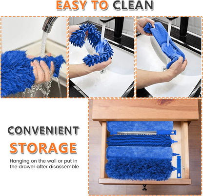 Professional Microfiber Feather Dusters for Cleaning, 6PCS Extendable Bendable Dusters with 100" Telescopic Pole, Washable & Reusable Cleaning Kit for Ceiling Fans, Blinds, Hard-to-Reach Areas (Blue)