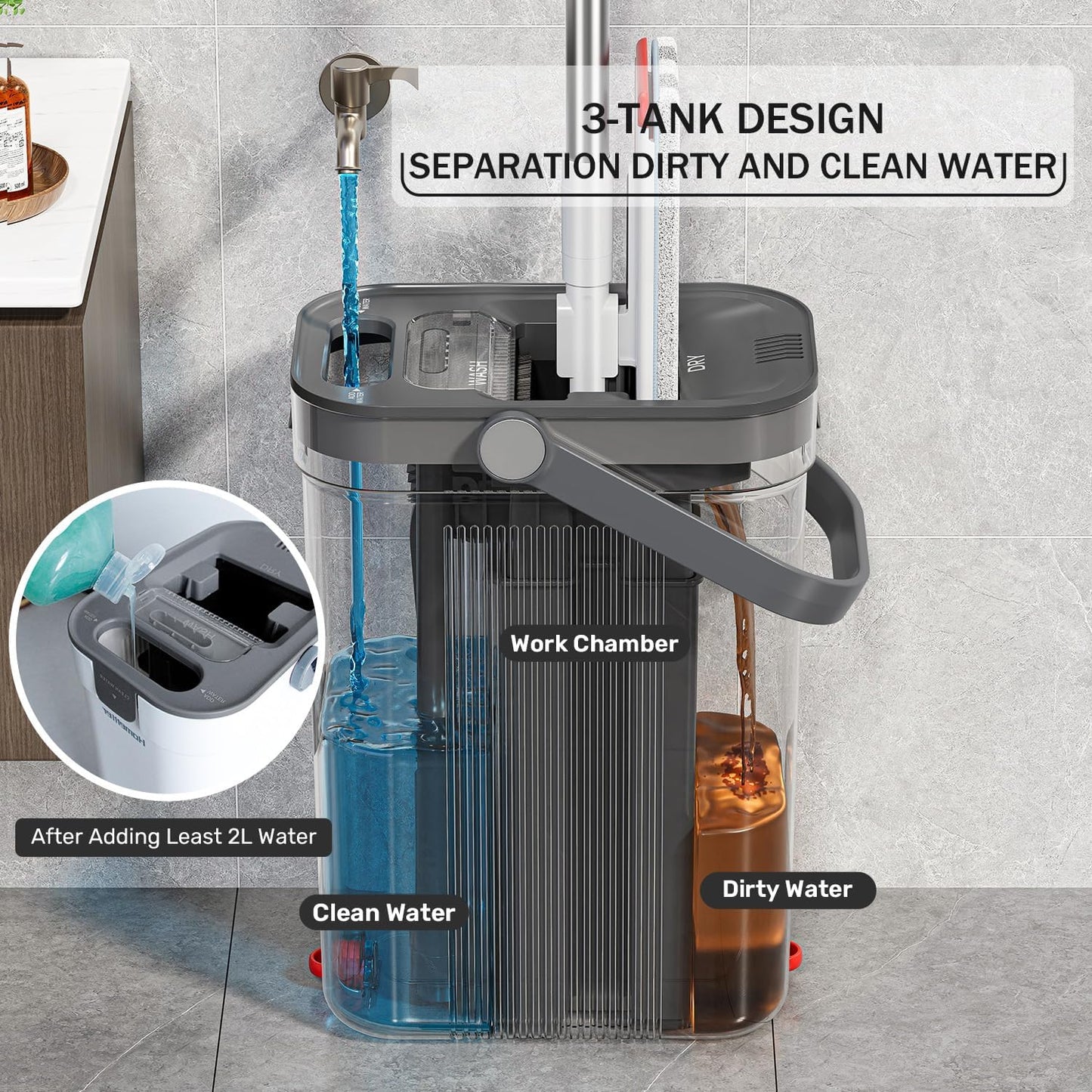 HoMettler Mop and Bucket Set, 3-Tank Flat Mop and Bucket System for Separate Dirty & Clean Water, 65" Mops for Floor Cleaning with 4 Washable Pads, Safe for Hardwood, Vinyl, Tile, Baseboards, Walls