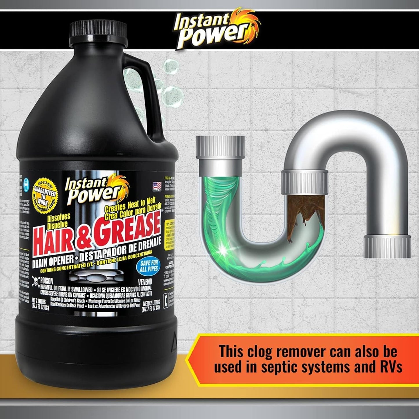 Instant Power Hair and Grease Drain Cleaner - Shower Drain & Sink Cleaner, Liquid Clog Remover, Made in USA, Sink Deodorizer - 1 Liter (Pack of 2)