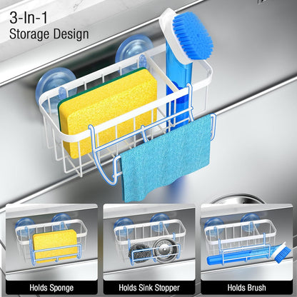 3-in-1 Kitchen Sink Caddy Organizer with Sponge Holder, Brush Holder, Extra Rack for Scrubber, Sink Stopper, Dish Cloth Hanger - Strong Dual Suction Cup, 2.0mm SUS304 Stainless Steel - Grey