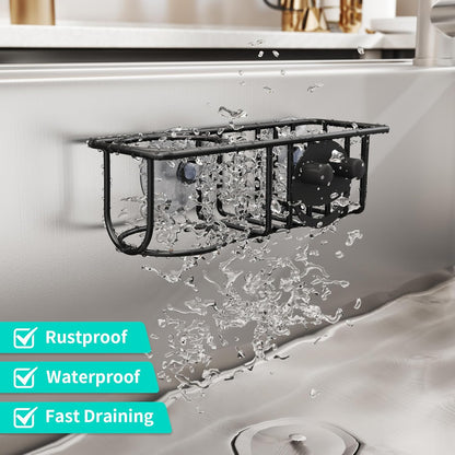 HapiRm 4 in 1 Kitchen Organizers and Storage, SUS304 Stainless Steel Brush Holder + Dish Cloth Hanger + Soap Rack + Sink Stopper Rack, No Drill Kitchen Essentials - Black