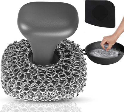 Cast Iron Scrubber | Dish Scrub Brush | 316 Cast Iron Cleaner Chainmail Scrubber for Pan Skillet Cleaner - Dish Scouring Pad Dishwasher Safe Cleaning Kit, Blue