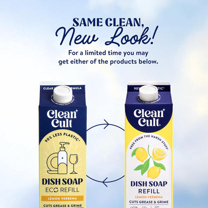 Cleancult Dish Soap Liquid Refill (32oz, 3 Pack) - Plant Based Cleaning Power - Dish Soap that Cuts Grease & Grime - Free of Harsh Chemicals - Uses 90% Less Plastic - Fresh Rain