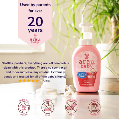 Arau Baby Unscented Foam Bottle Wash Refill, Natural Plant Based Baby Bottle & Dish Soap, No Artificial Fragrance or Additives, Gentle for Washing Bottles, Pacifiers and Toys, Easy Rinse, 15.21 Fl Oz