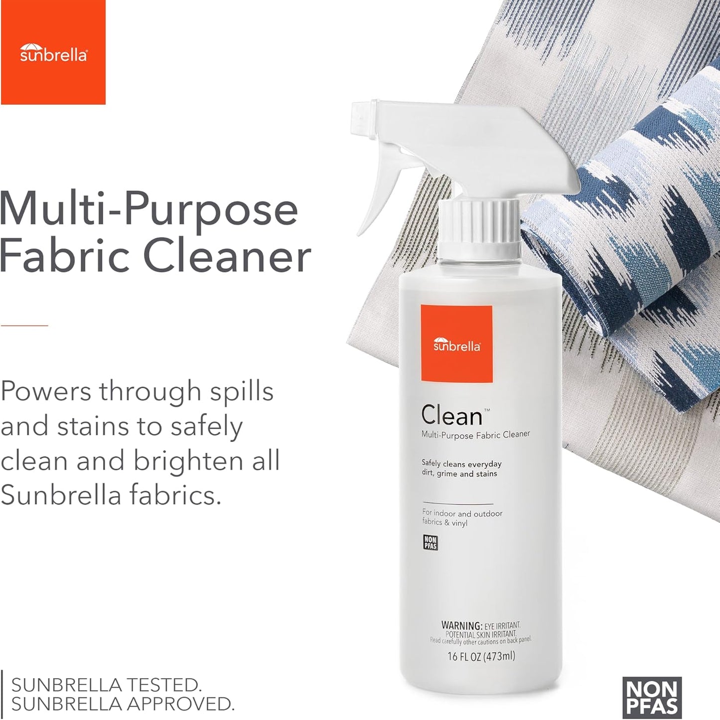 Sunbrella Clean Multi-Purpose Fabric Cleaner | All-in-One Solution for Water-Safe Fabrics and Vinyl | Upholstery Cleaner, Removes Stains & Spills | Non-PFAS | 16 fl oz