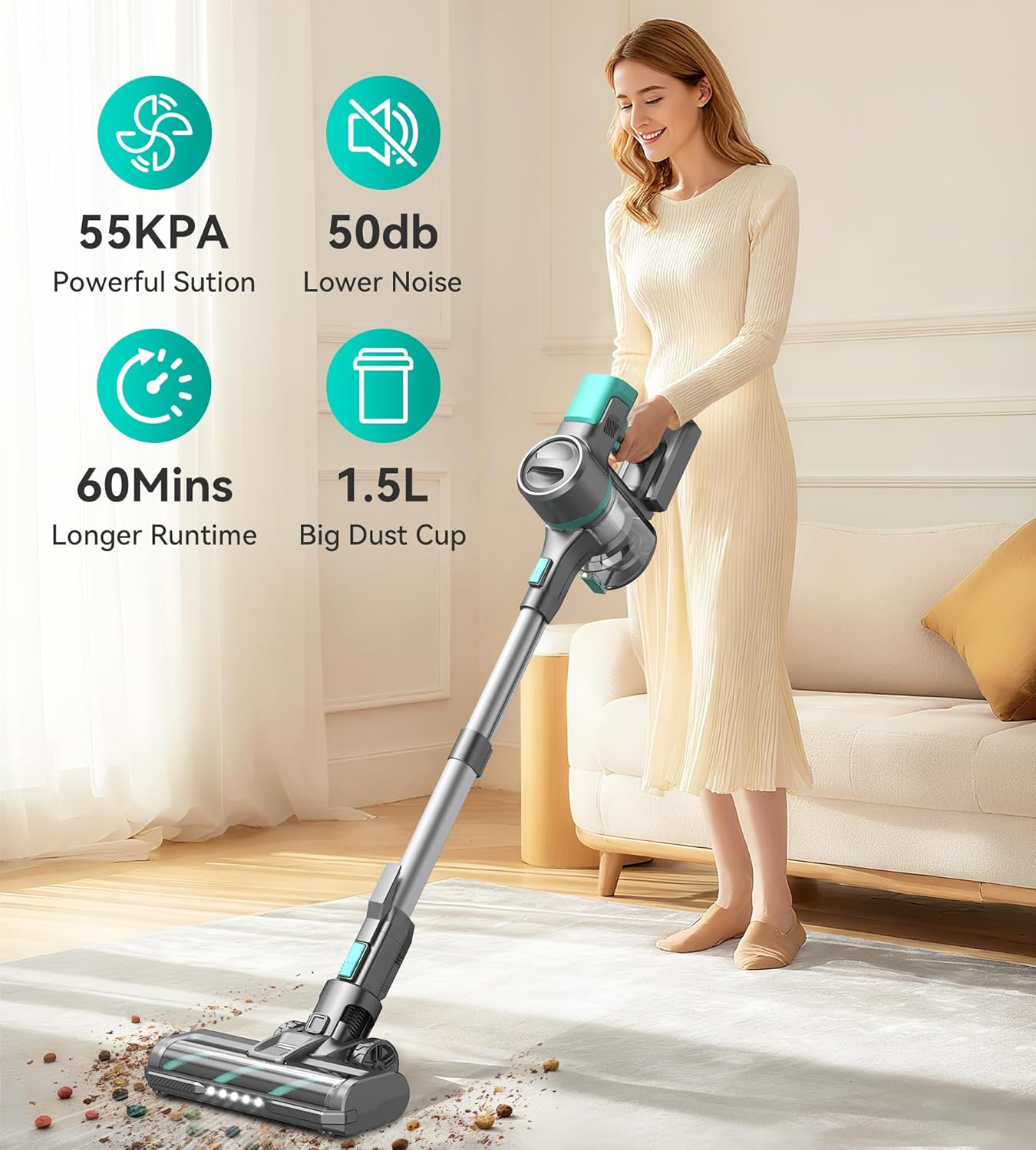 S10 Cordless Vacuum Cleaner, 55Kpa 60mins Lightweight Stick Vacuum with Powerful Suction for Home, Rechargeable, Self-Standing, Handheld Vacuum Cleaners for Hardwood Floors, Carpets, Violet