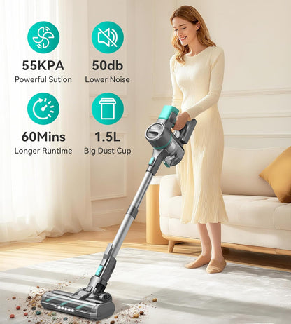 S10 Cordless Vacuum Cleaner, 55Kpa 60mins Lightweight Stick Vacuum with Powerful Suction for Home, Rechargeable, Self-Standing, Handheld Vacuum Cleaners for Hardwood Floors, Carpets, Violet