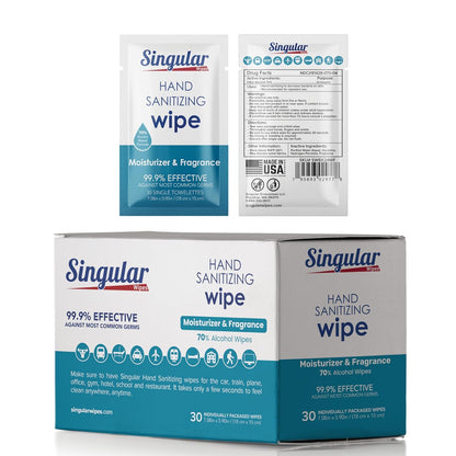 Hand Sanitizing Wipes Travel Size by Singular Wipes – 24ct Individually Wrapped | Fresh Citrus Scent, Moisturizing, 70% Alcohol Wipes | Travel, Office, School, Home | Made in USA