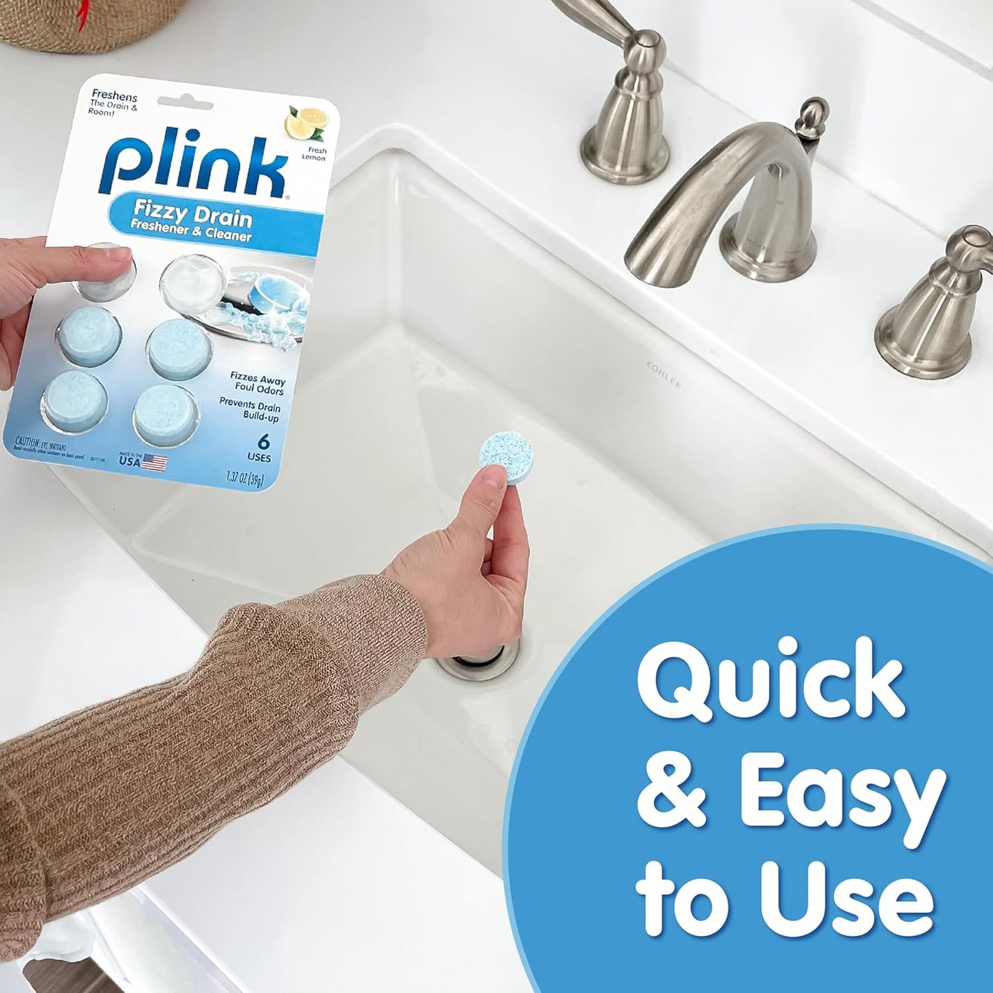 Plink Fizzy Drain Cleaner and Freshener, Prevents Drain Clogs and Buildup, Removes Odors from Bathroom and Kitchen Sinks, Septic-Friendly, Made in the USA, Lemon Scent, 18 Tablets