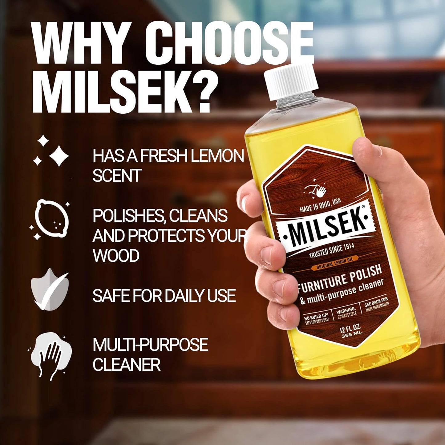 Milsek Furniture Polish and Wood Cleaner with Lemon Oil - Multipurpose Solution for Home Improvement from Hardwood Floors to Kitchen Cabinets - 12 Fl Oz (Pack of 1)