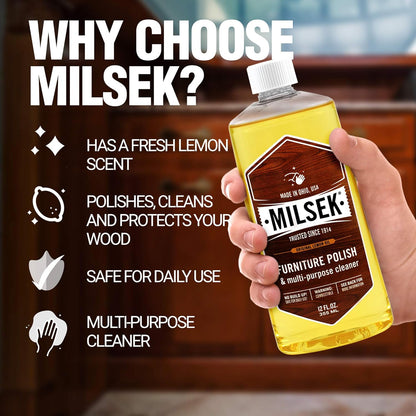 Milsek Furniture Polish and Wood Cleaner with Lemon Oil - Multipurpose Solution for Home Improvement from Hardwood Floors to Kitchen Cabinets - 12 Fl Oz (Pack of 1)