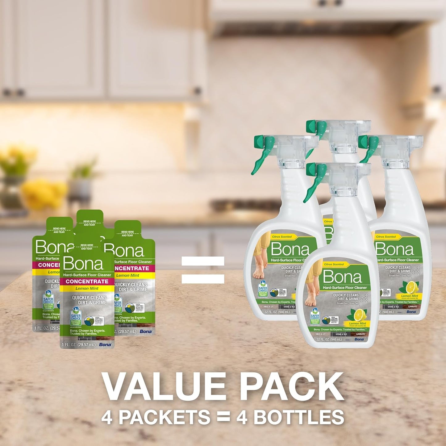 Bona Multi-Surface Floor Cleaner Concentrate - 1 fl oz - 4-Pack - Residue-Free Floor Cleaning Solution for Bona Spray Mop and Spray Bottle Refill - For Stone, Tile, Laminate, and Vinyl Floors
