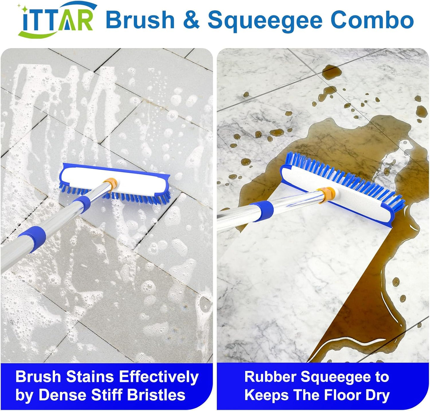 ITTAR 55" Extendable Floor Scrub Brush, 12" Wide Heavy-Duty 2-in-1 Scrub & Squeegee Deck Brush for Tile Grout Shower Floor, Kitchen, Restaurant, Patio & Garage Cleaning
