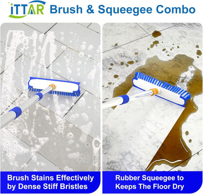 ITTAR 55" Extendable Floor Scrub Brush, 12" Wide Heavy-Duty 2-in-1 Scrub & Squeegee Deck Brush for Tile Grout Shower Floor, Kitchen, Restaurant, Patio & Garage Cleaning