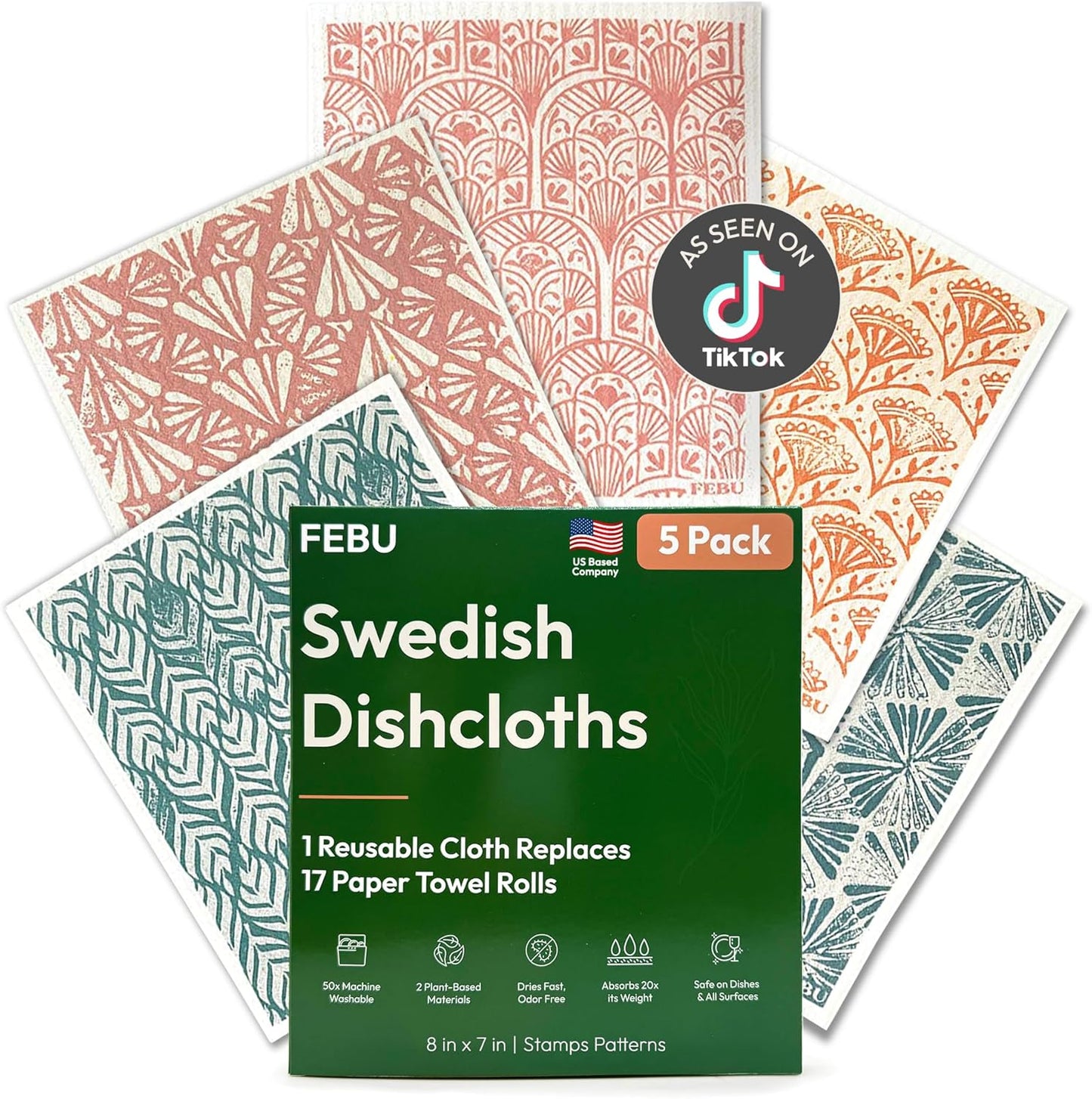 FEBU Swedish Dishcloths for Kitchen | 5 Pack Watercolor Reusable Paper Towels Washable | Swedish Dish Towels | Non-Scratch Cellulose Sponge Cloths | No Odor, Biodegradable Cleaning Cloths