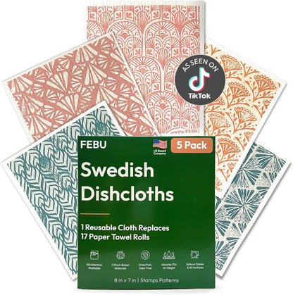 FEBU Swedish Dishcloths for Kitchen | 5 Pack Watercolor Reusable Paper Towels Washable | Swedish Dish Towels | Non-Scratch Cellulose Sponge Cloths | No Odor, Biodegradable Cleaning Cloths