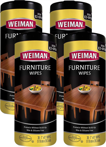 Weiman Wood Polish and Cleaning Wipes, For Furniture Cleaner, Protect from Watermarks, Stains & Aging, No Build-Up, UVX-15 Prevent Drying, Fading & Discoloration, 2 Pack with Microfiber Cloth