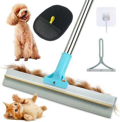 Double-Sided Pet Hair Removal Tool,Adjustable Height Carpet Pet Hair Removal Silicone Broom,Dog Cat Hair Remover Broom for Carpets, Floor Mats,Couch,Floor Squeegee (Blue Carpet Rake)