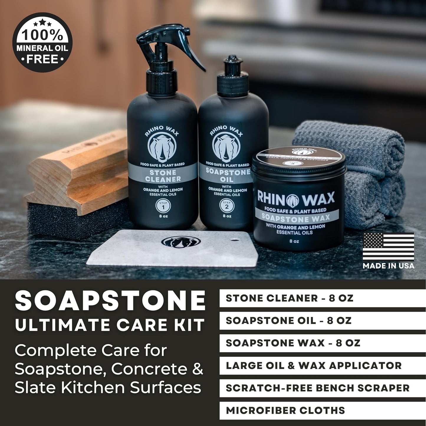 Rhino Wax Soapstone Ultimate Care Kit - Soapstone Wax, Soap-Stone Oil, Stone Spray Cleaner, Scraper, Large Applicator, 3 Microfiber Cloths - Complete Protection for Stones Surfaces - Made in USA