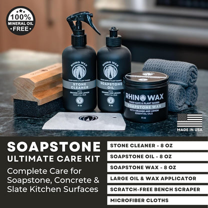 Rhino Wax Soapstone Ultimate Care Kit - Soapstone Wax, Soap-Stone Oil, Stone Spray Cleaner, Scraper, Large Applicator, 3 Microfiber Cloths - Complete Protection for Stones Surfaces - Made in USA
