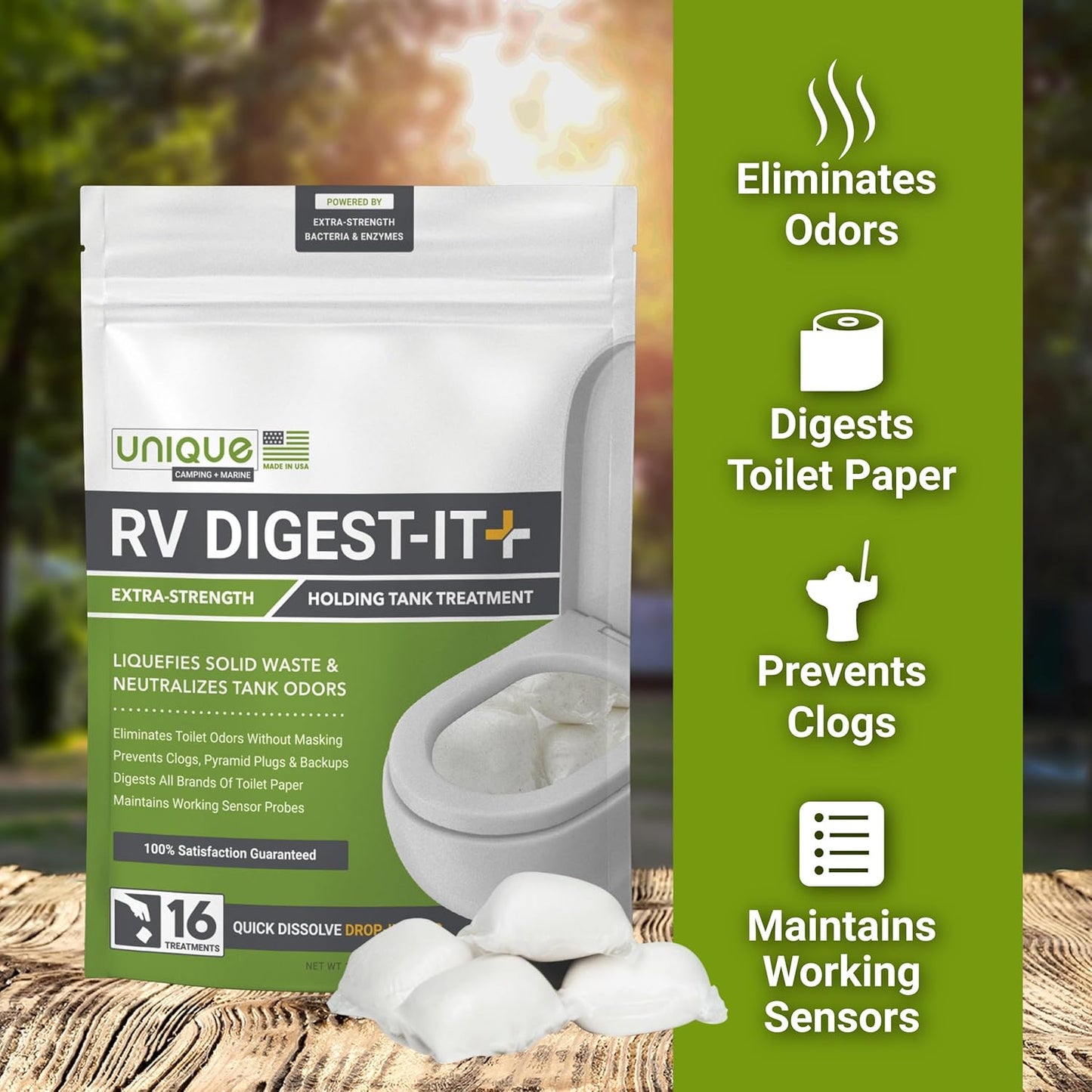 Unique RV Digest-It Plus RV Tank Treatment Pods – 16 Treatments, Breaks Down Waste & Toilet Paper + Eliminates Odors at Source, RV Black Tank Treatment