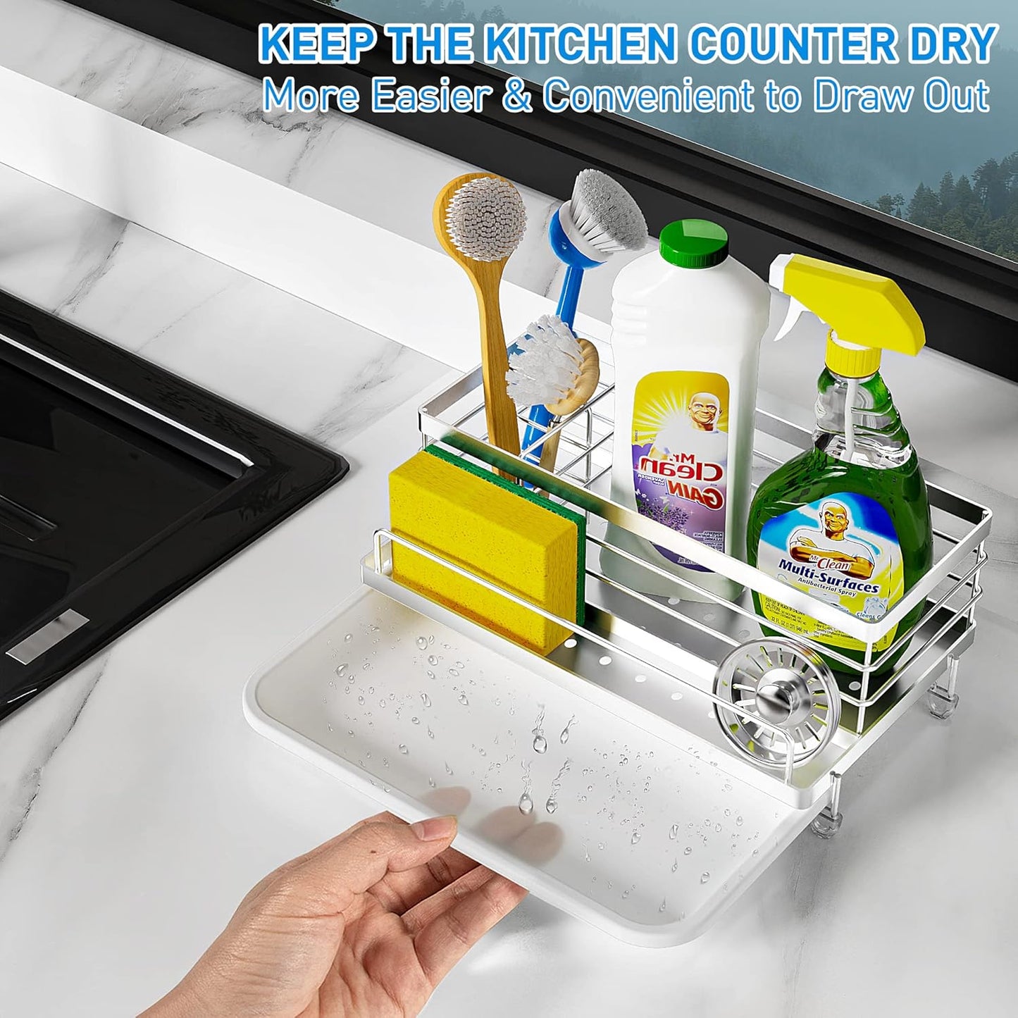 Cisily Black Sponge Holder for Kitchen, Sink Caddy Sink Organizer Rack for Kitchen Accessories with Drip Tray, Rustproof and Non-slip, Soap Dispenser Countertop Organizer Essentials for New Home