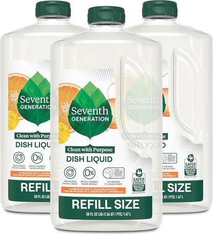 Seventh Generation Dish Soap Refill, Free & Clear, 50 fl oz, 3 Pack, Plant-Based Dishwashing Liquid for Grease & Tough Food Messes, For Sensitive Skin