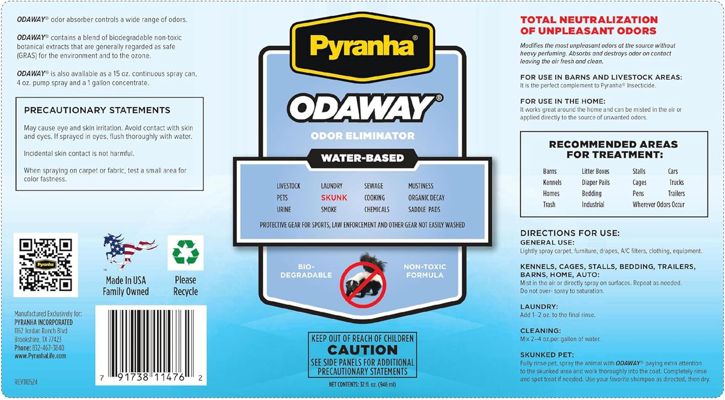 Pyranha Odaway Ready-to-Use Odor Eliminator Spray – Broad Spectrum Scent Neutralizer for Home, Kennel, Car, Bathroom & Gear, Quart