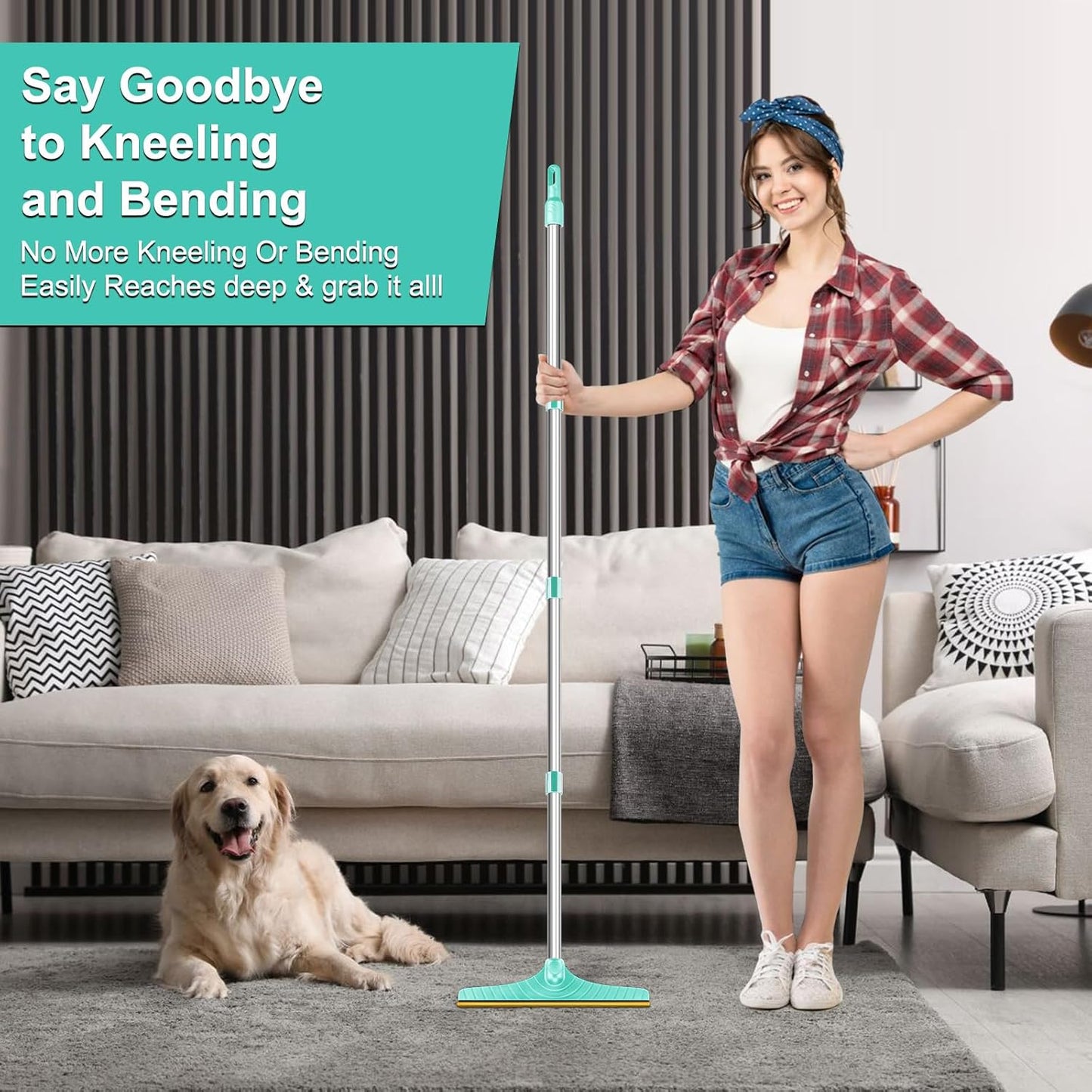 5FT Carpet Rake Pet Hair Remover, Reusable Carpet Rake with Telescopic Handle for Pet Hair Removal Tool Dog Cat Fur Remover Broom for Rugs, Mats, Beds, Stairs (Blue)