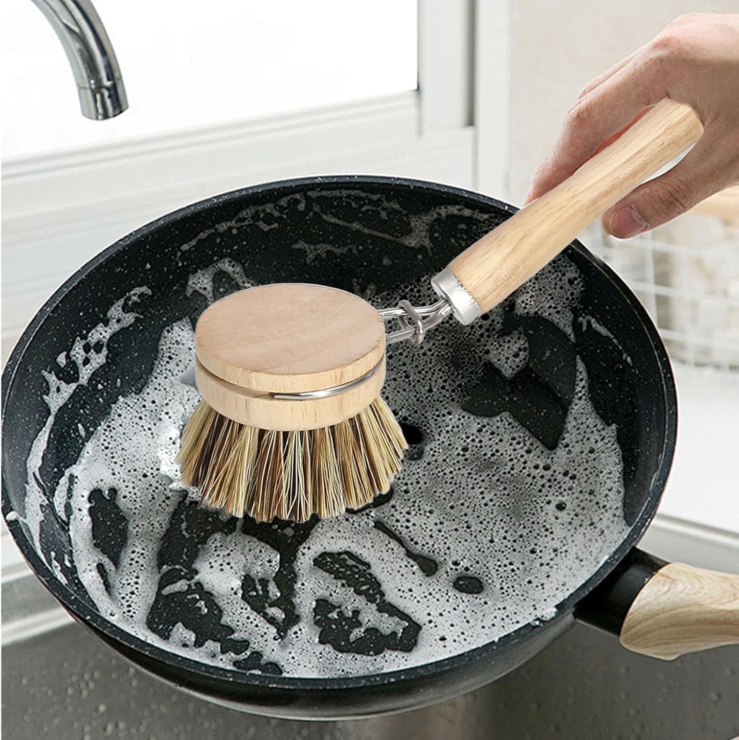 Wooden Dish Brush Set, 4 Natural Bristle Replacement Heads with 1 Sturdy Wooden Handle, Sisal Kitchen Scrub Brush for Pots, Pans, Vegetables and Cookware