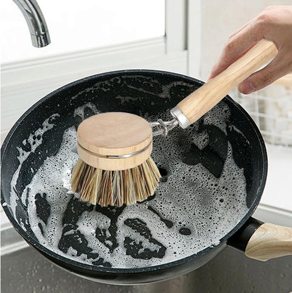 Wooden Dish Brush Set, 4 Natural Bristle Replacement Heads with 1 Sturdy Wooden Handle, Sisal Kitchen Scrub Brush for Pots, Pans, Vegetables and Cookware