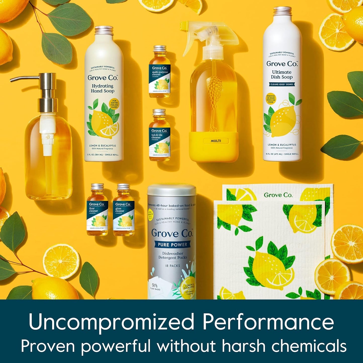 Grove Co. Ultimate Dish Soap Refills (3x16 Fl Oz) Removes 48-hr Stuck-on Food and Grease,Plastic Free Cleaning Products,100% Natural Lemon&Eucalyptus Fragrance,Pack of 1,16.0 Fl Oz,16.0 fluid_ounces