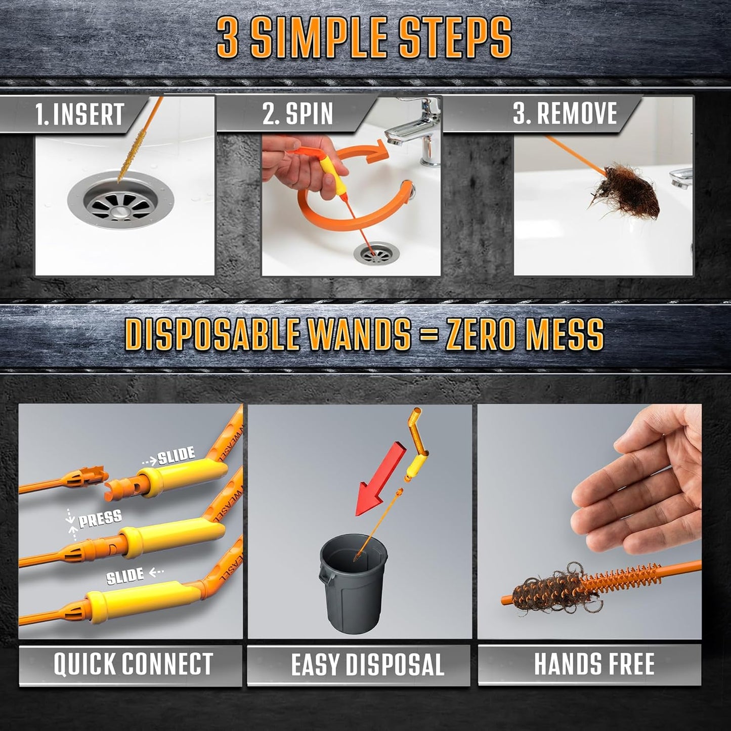 FlexiSnake Pro Drain Weasel Sink Snake Cleaner with New Molded Tip - 18″ - Drain Snake Clog Remover Tool with Rotating Handle & 5 Wand Refills - Easy to Use on Drains & Grates - Made in USA - 5-Pack