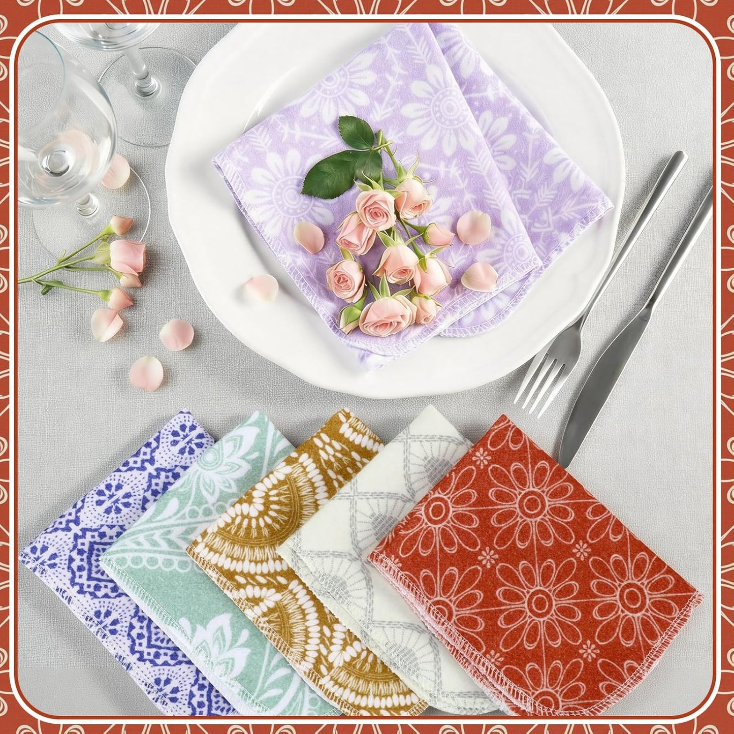 Redbaker 30 Pcs Reusable Paper Towels Rolls Kitchen Towels Bulk Washable Paperless Cloth Cotton Hand Napkins with Cardboard Reusable Napkins for Kitchen Bathroom(Floral,10 x 12 in)