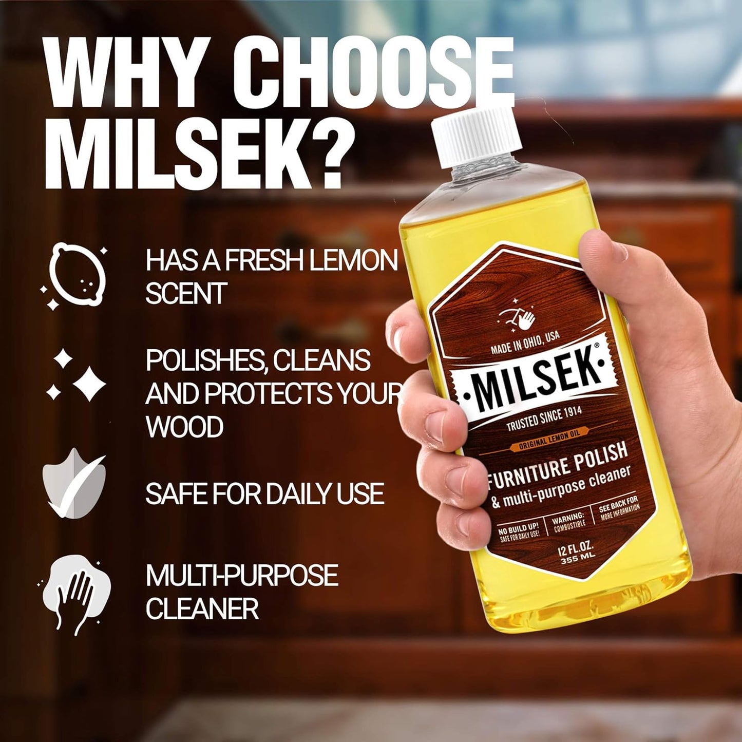 Milsek Furniture Polish and Wood Cleaner with Lemon Oil - Multipurpose Solution for Home Improvement from Hardwood Floors to Kitchen Cabinets - 12 Fl Oz (Pack of 1)