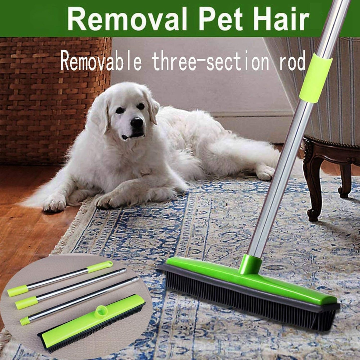Telescopic Rubber Broom with Squeegee, Multifunction Adjustable Pet Hair Removal Carpet Rake for Fluff Rug Hardwood Floor (Black)