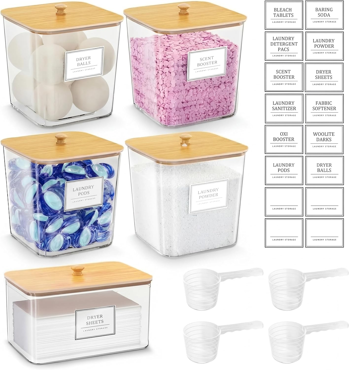 FUSHITON Laundry Pods Storage Container, 4+1 Set Clear Containers with Bamboo Lids for Detergent Pods, Scent Beads & Dryer Sheets, Includes 16 Labels and 3 Measuring Scoops