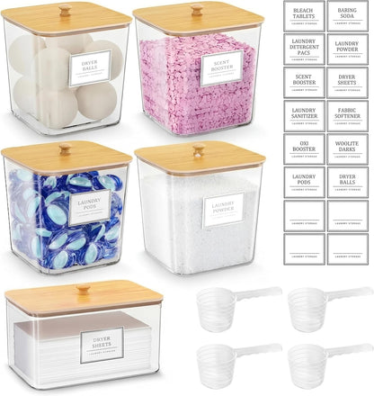 FUSHITON Laundry Pods Storage Container, 4+1 Set Clear Containers with Bamboo Lids for Detergent Pods, Scent Beads & Dryer Sheets, Includes 16 Labels and 3 Measuring Scoops