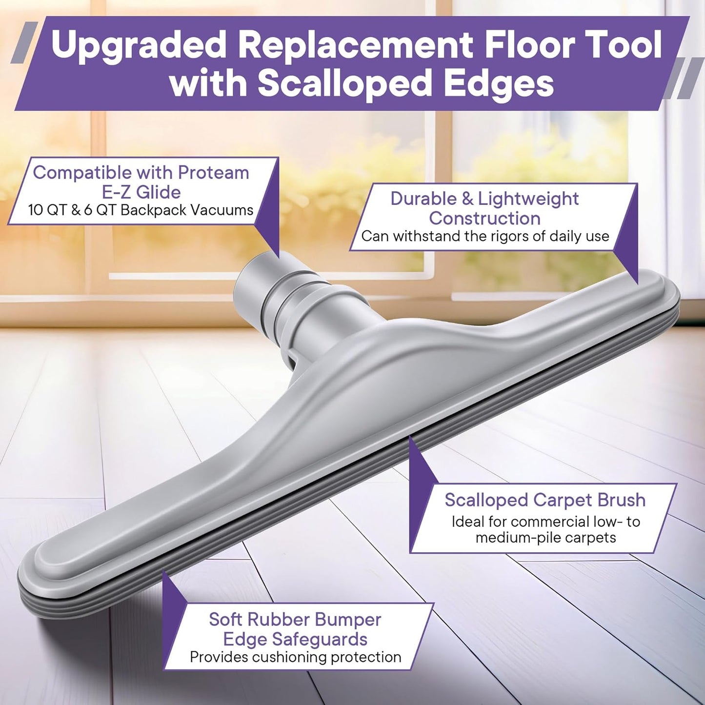 Replacement Floor Tool Compatible with ProTeam 101446 E-Z Glide Backpack Vacuums 10 QT & 6 QT, 14" Hard Floor Tool Compatible with Commercial Cleaners(Brush with Scalloped Edges,Gray)