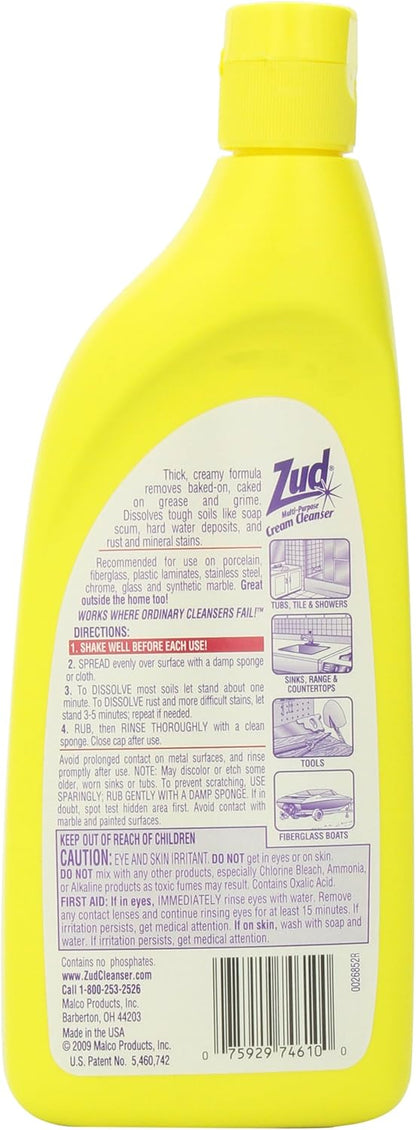 Zud Cream Cleanser (2-Pack) - Ultimate Bathroom Cleaner / Bleach-Free Formula for Shiny Surfaces / Removes Rust, Hard Water Stains, & Grime / Best for Countertops, Bathrooms, Marble, and More (530019)