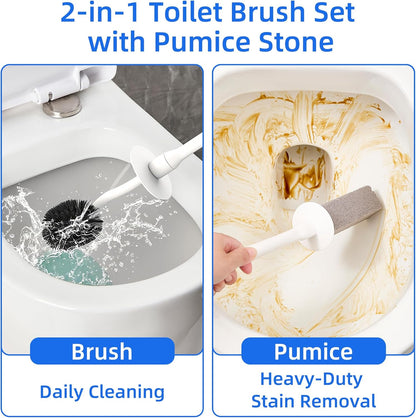 Toilet Brush and Holder Set with Pumice Stone – Long Handle Toilet Bowl Brush, Anti-Splash Scrubber, Ventilated Drip-Free Base, Deep Cleaner for Hard Water Stains, Limescale, Toilet Rings, Grey