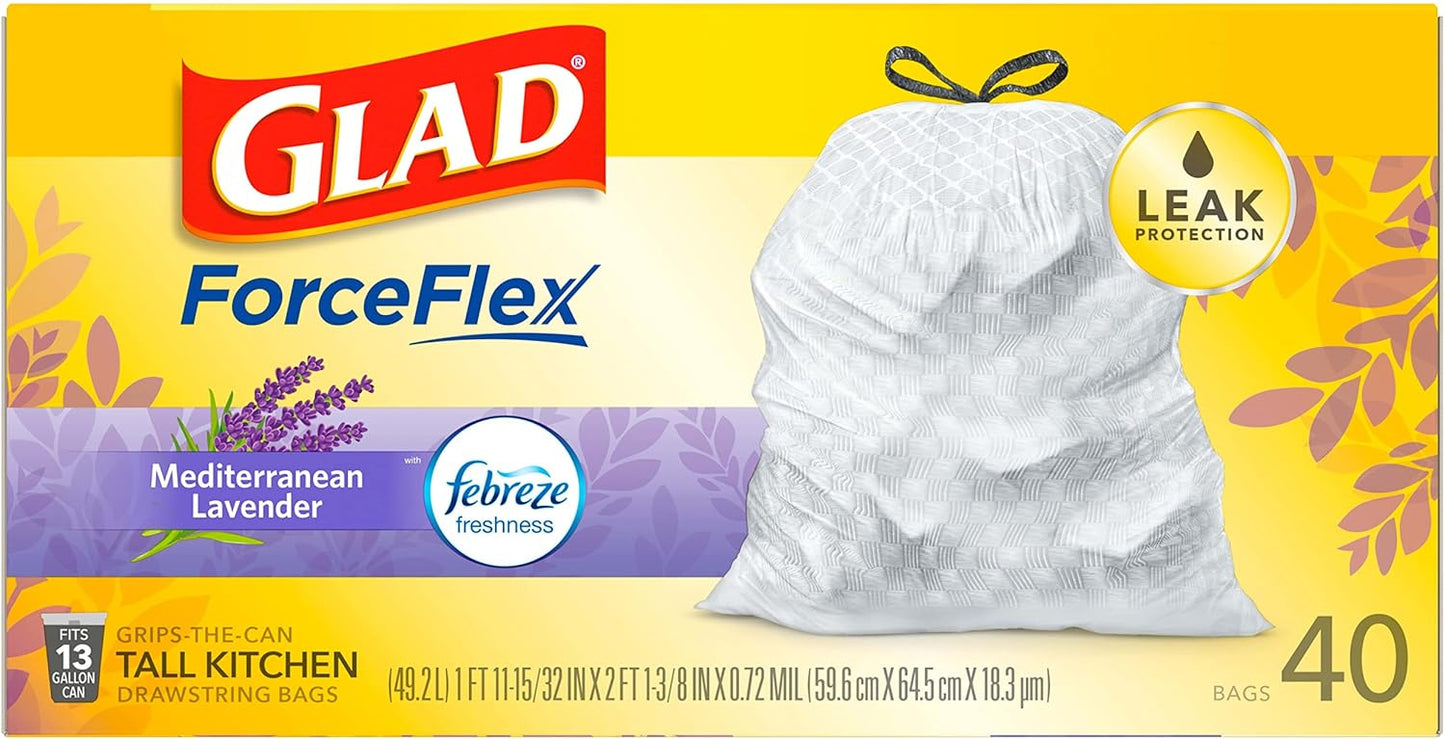 Glad ForceFlex Tall Kitchen Trash Bags, 13 Gal, Gain Lavender with Febreze, 110 Ct (Pack May Vary)